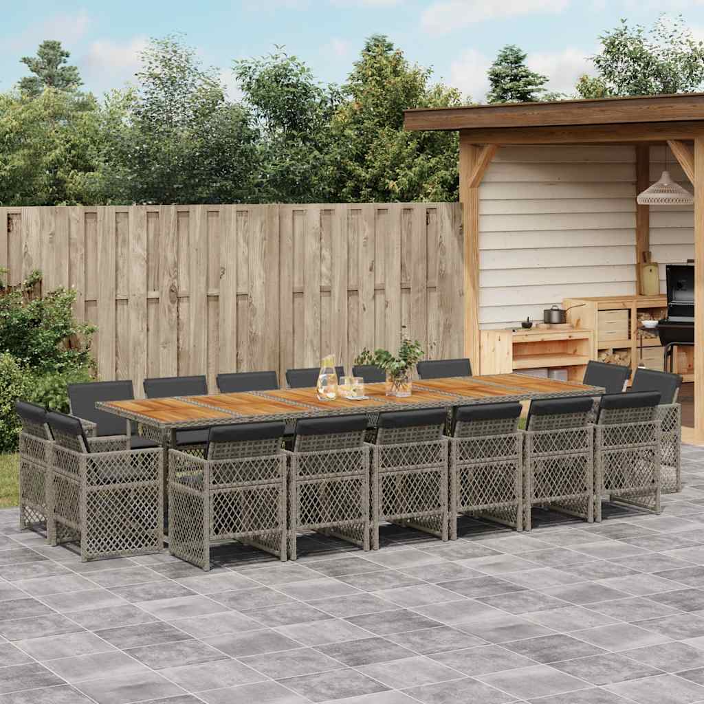9 Piece Garden Dining Set with Cushions Poly Rattan Wood Grey 16