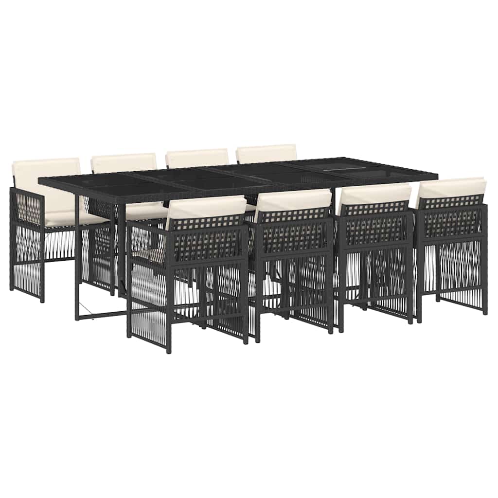 9 Piece Garden Dining Set with Cushions Poly Rattan Glass 8 pcs Black and cream