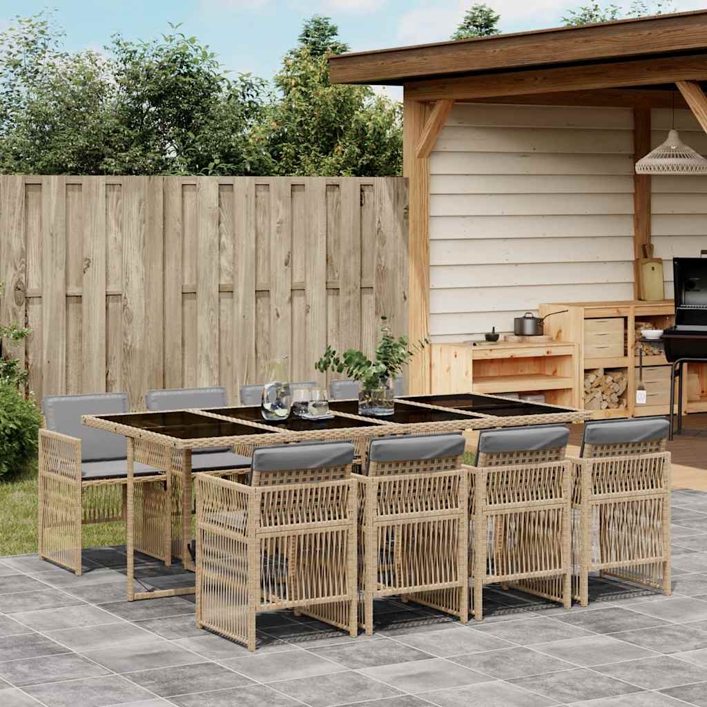 9 Piece Garden Dining Set with Cushions Poly Rattan Glass 8 pcs Mix beige