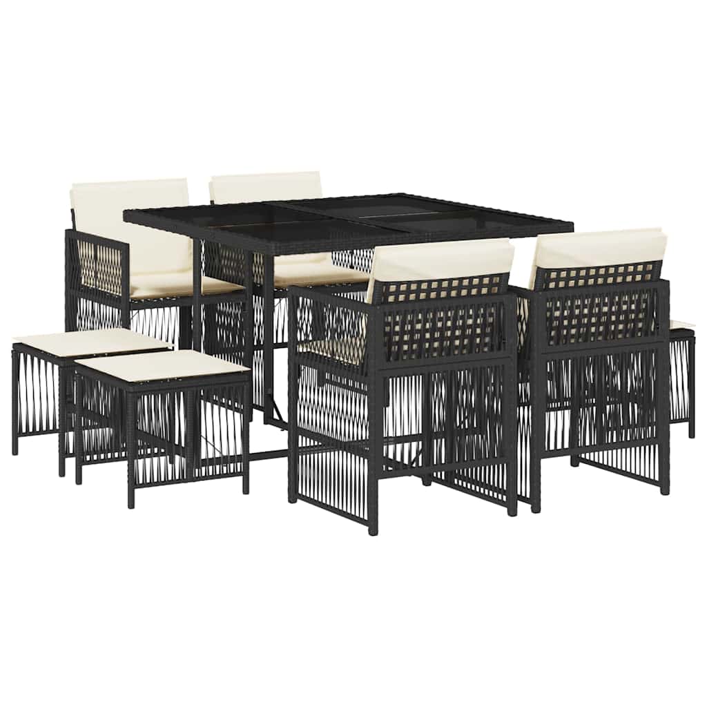 vidaXL 9 Piece Garden Dining Set with Cushions Black Poly Rattan 2
