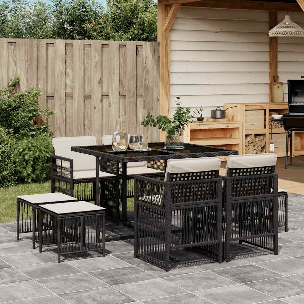 vidaXL 9 Piece Garden Dining Set with Cushions Black Poly Rattan 1