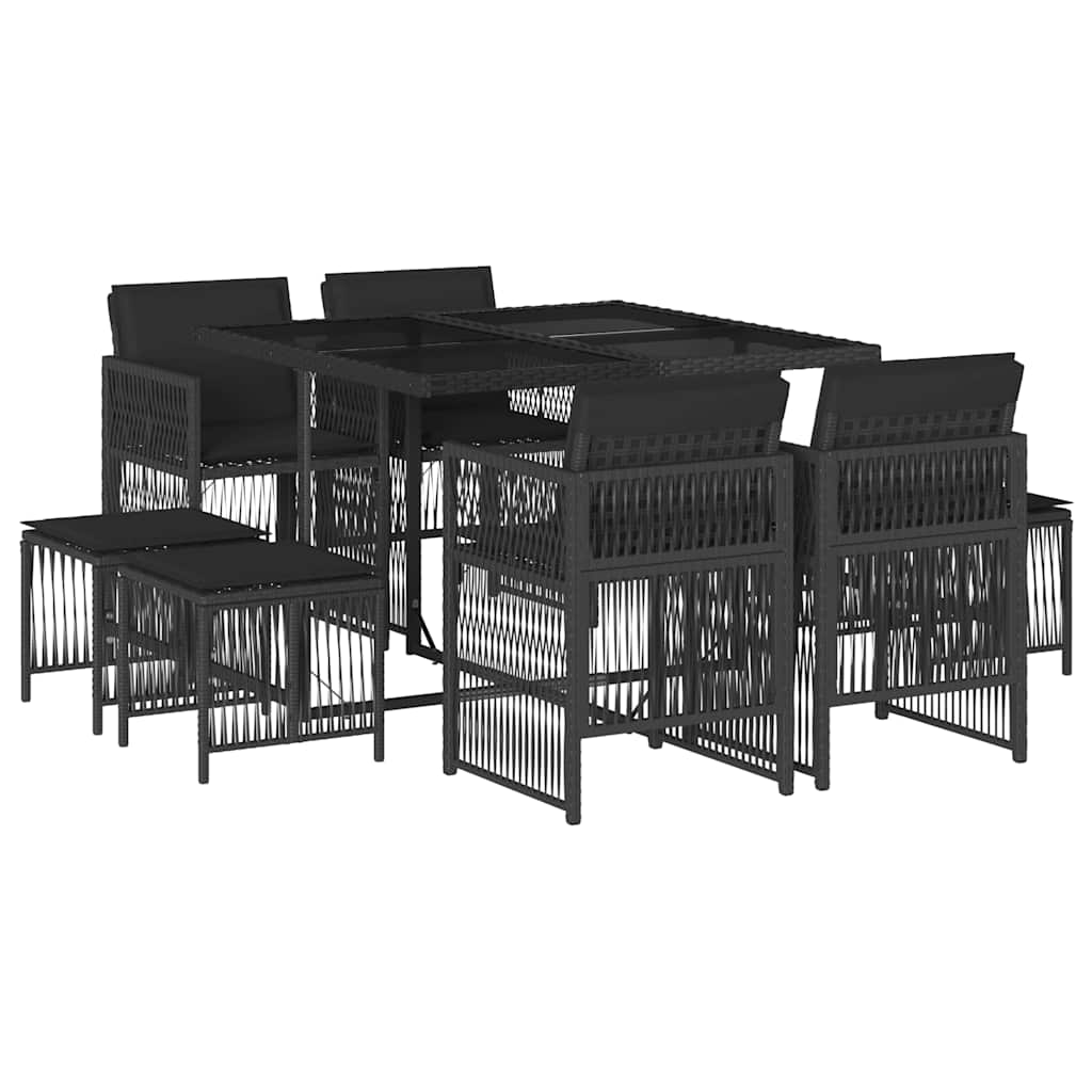 9 Piece Garden Dining Set with Cushions Poly Rattan Glass 8 Black