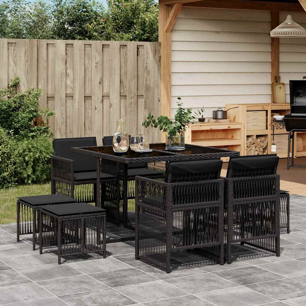 9 Piece Garden Dining Set with Cushions Poly Rattan Glass 8 Black