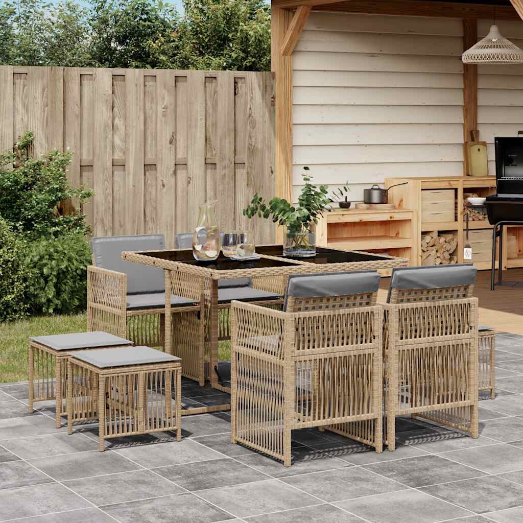 vidaXL 9 Piece Garden Dining Set with Cushions Mix Beige Poly Rattan 1