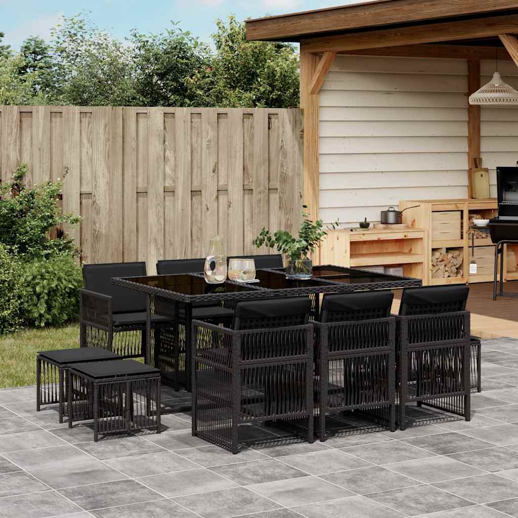 11 Piece Garden Dining Set with Cushions Poly Rattan Glass 10 pcs Black