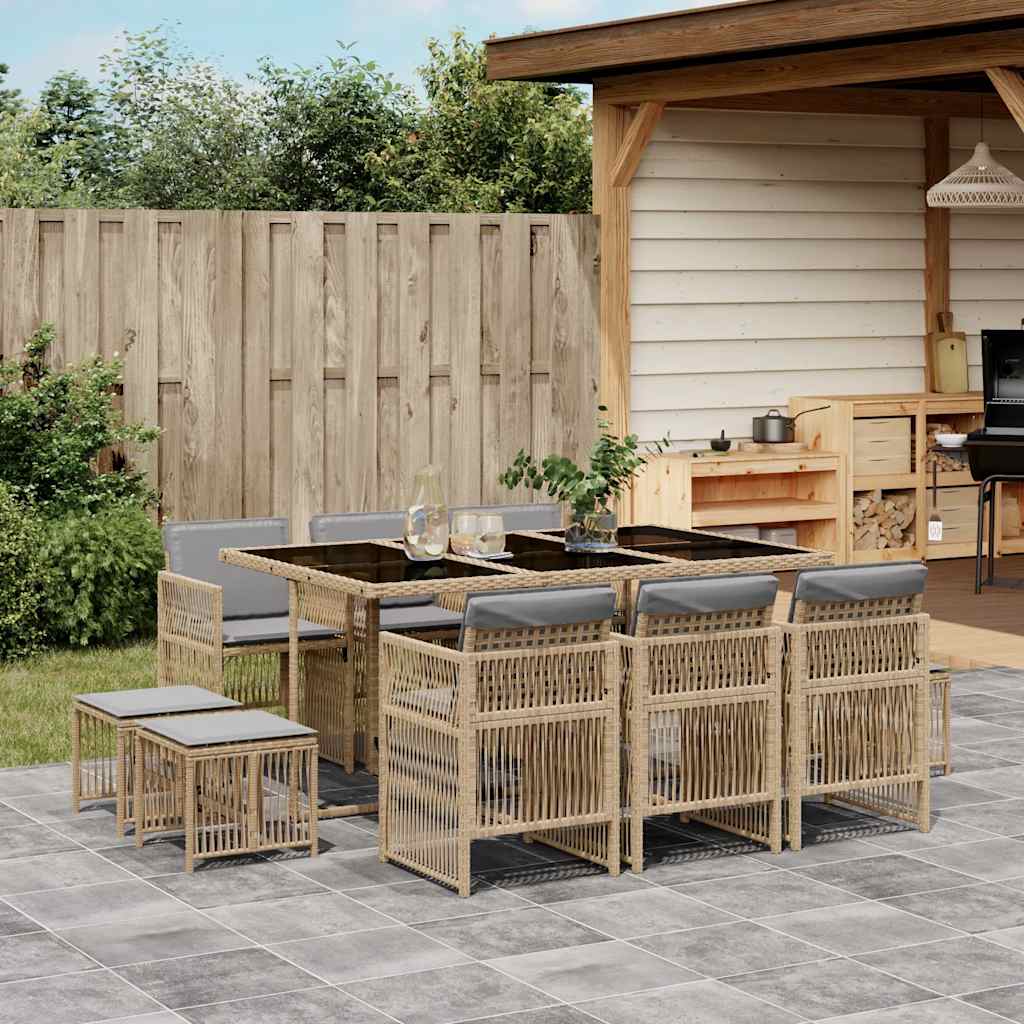 11 Piece Garden Dining Set with Cushions Poly Rattan Glass 10 pcs Mix beige