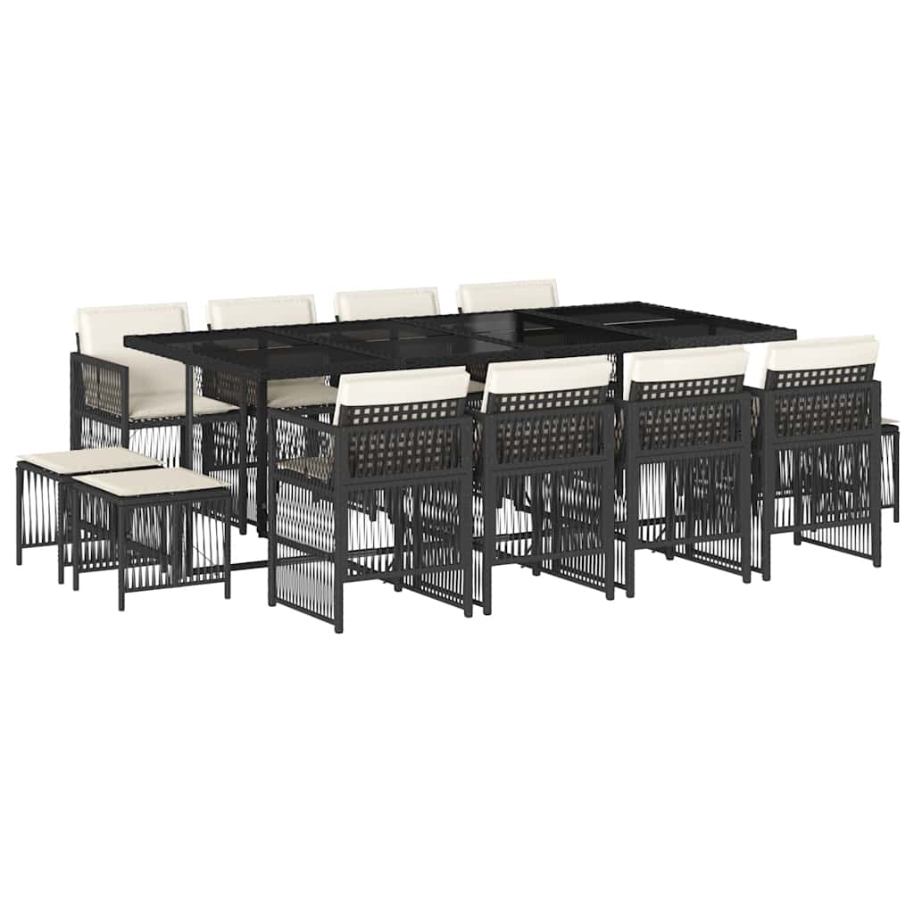 13 Piece Garden Dining Set with Cushions Poly Rattan Glass 12 pcs Black and cream