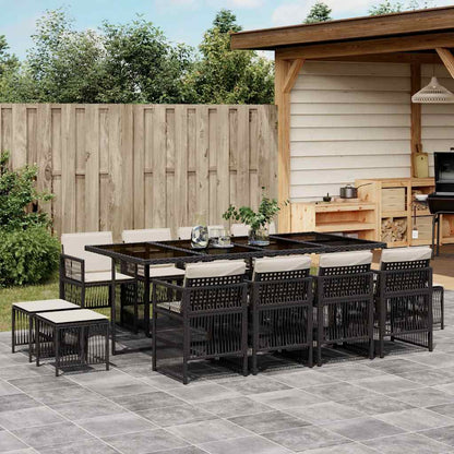 13 Piece Garden Dining Set with Cushions Poly Rattan Glass 12 pcs Black and cream