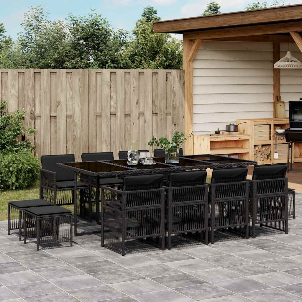13 Piece Garden Dining Set with Cushions Poly Rattan Glass 12 pcs Black