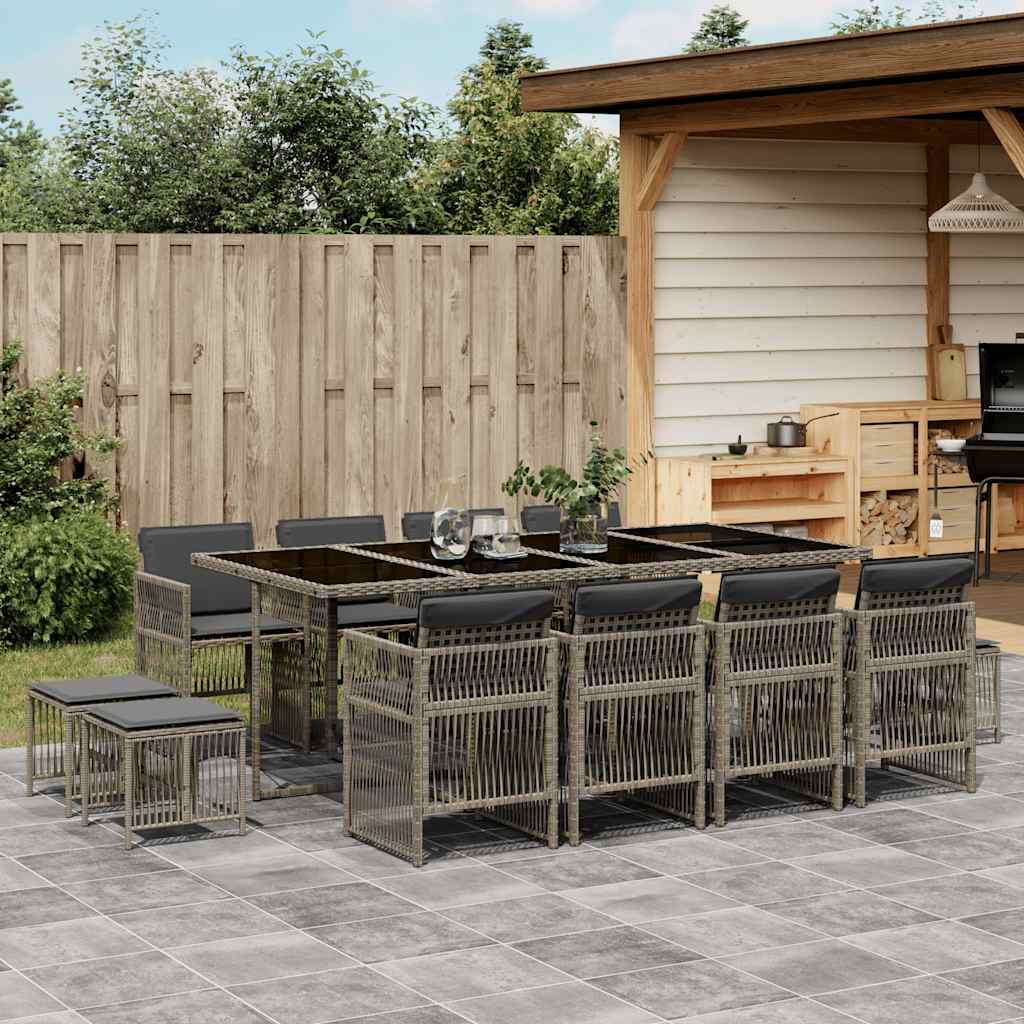 13 Piece Garden Dining Set with Cushions Poly Rattan Glass 12 pcs Grey