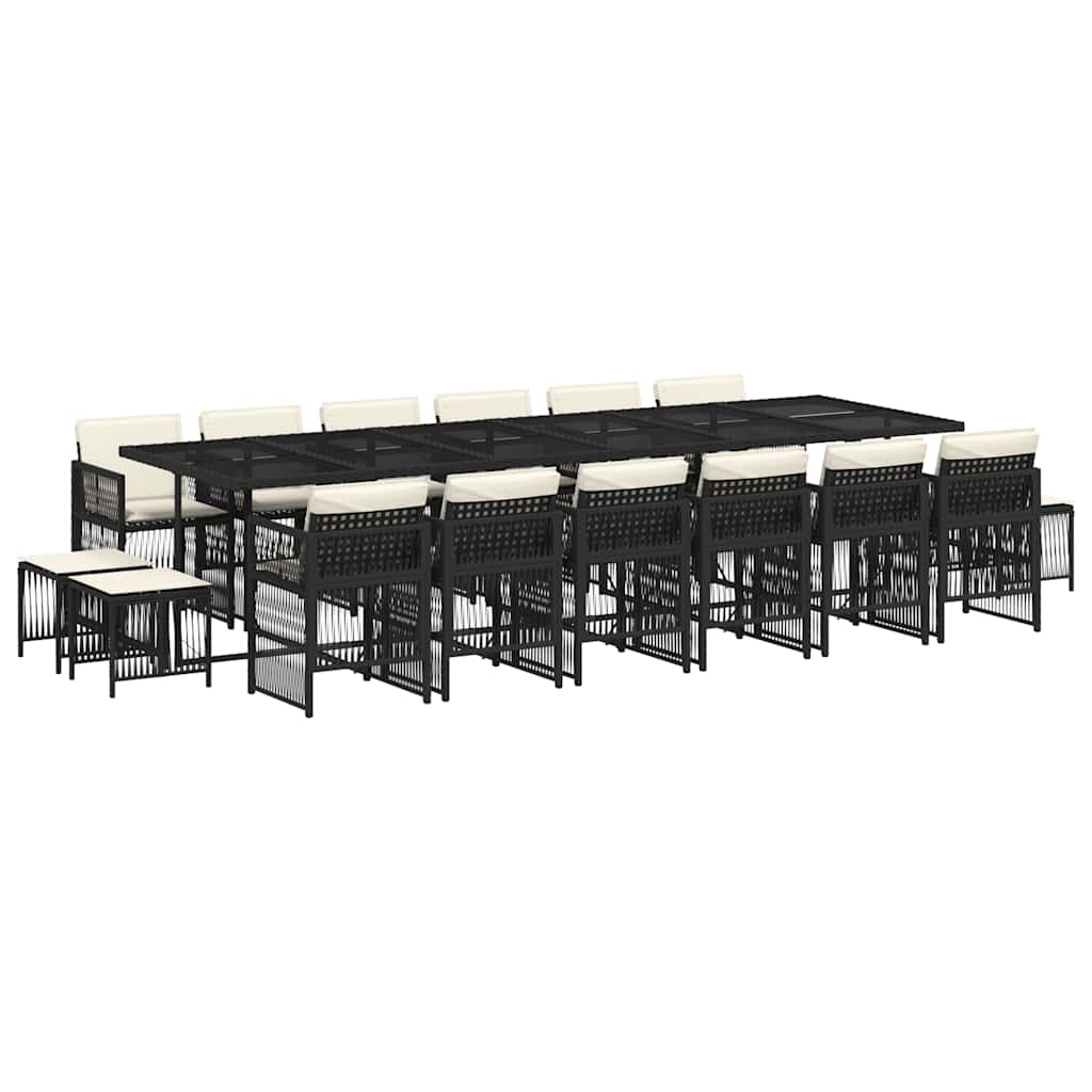 17 Piece Garden Dining Set with Cushions Poly Rattan Glass 16 pcs Black and cream