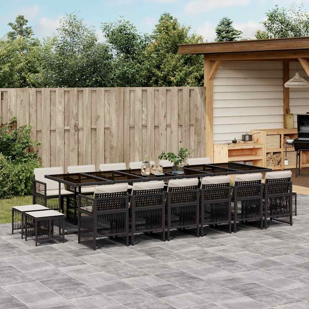 17 Piece Garden Dining Set with Cushions Poly Rattan Glass 16 pcs Black and cream
