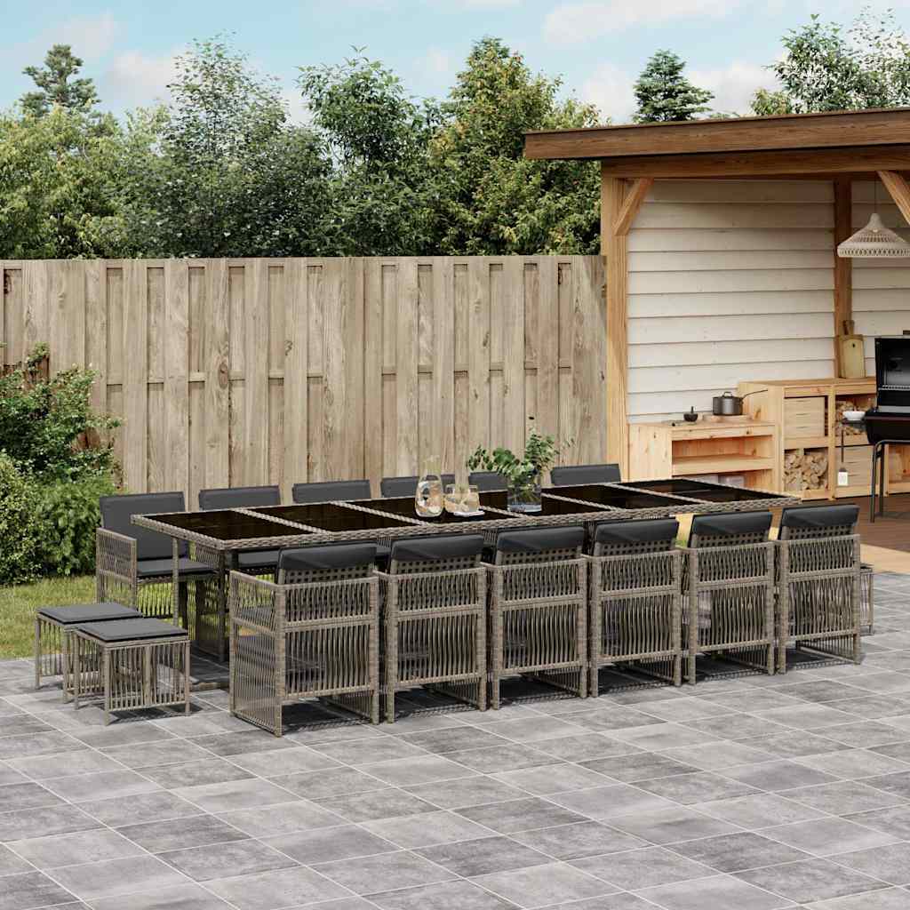 17 Piece Garden Dining Set with Cushions Poly Rattan Glass 16 pcs Grey