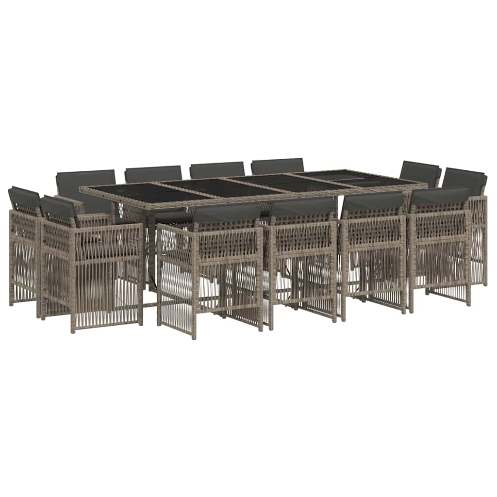 13 Piece Garden Dining Set with Cushions Poly Rattan Glass 12 pcs Grey