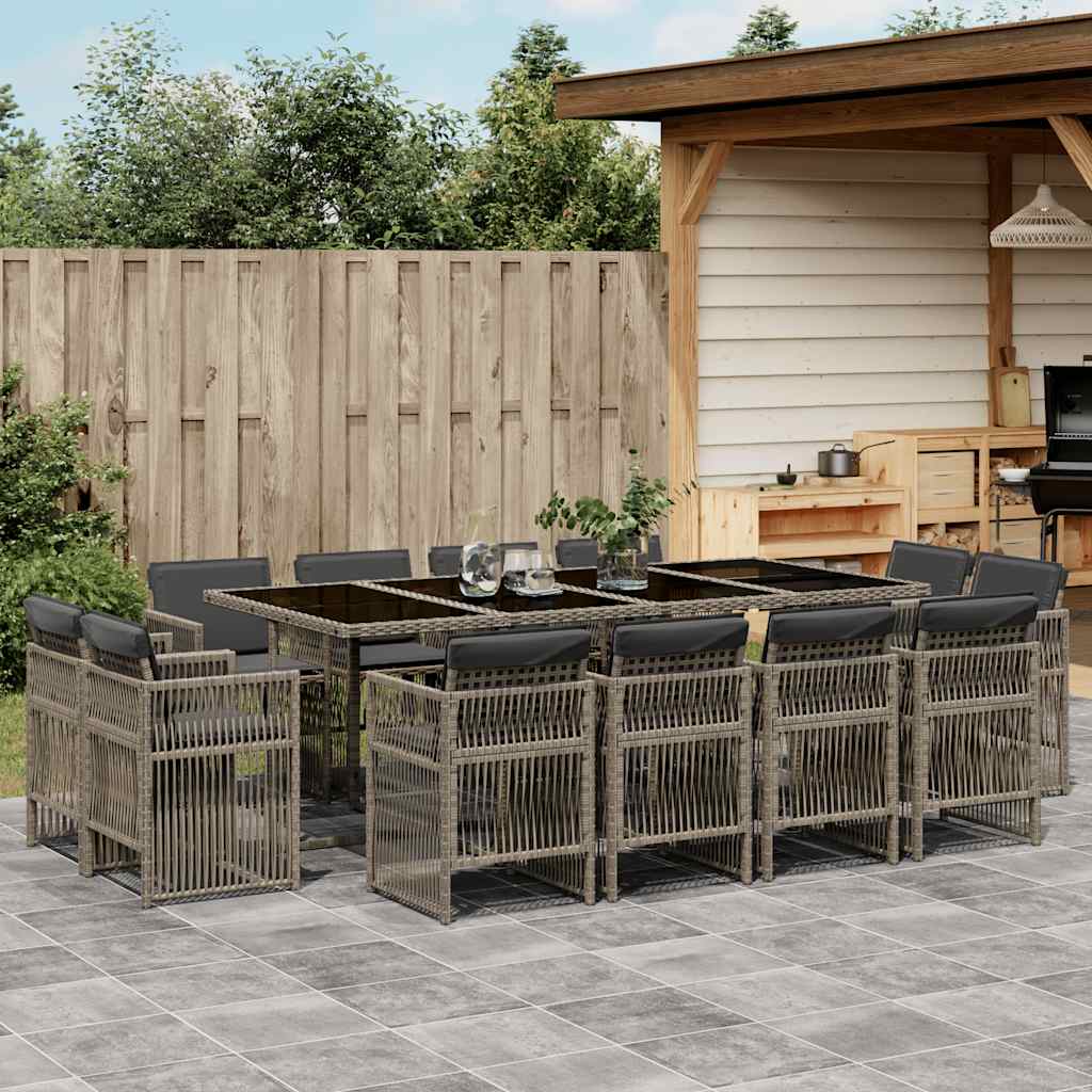 13 Piece Garden Dining Set with Cushions Poly Rattan Glass 12 pcs Grey