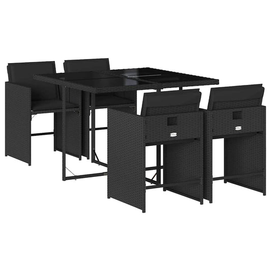 5 Piece Garden Dining Set with Cushions Poly Rattan Glass 4 Black