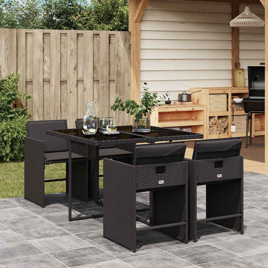 5 Piece Garden Dining Set with Cushions Poly Rattan Glass 4 Black