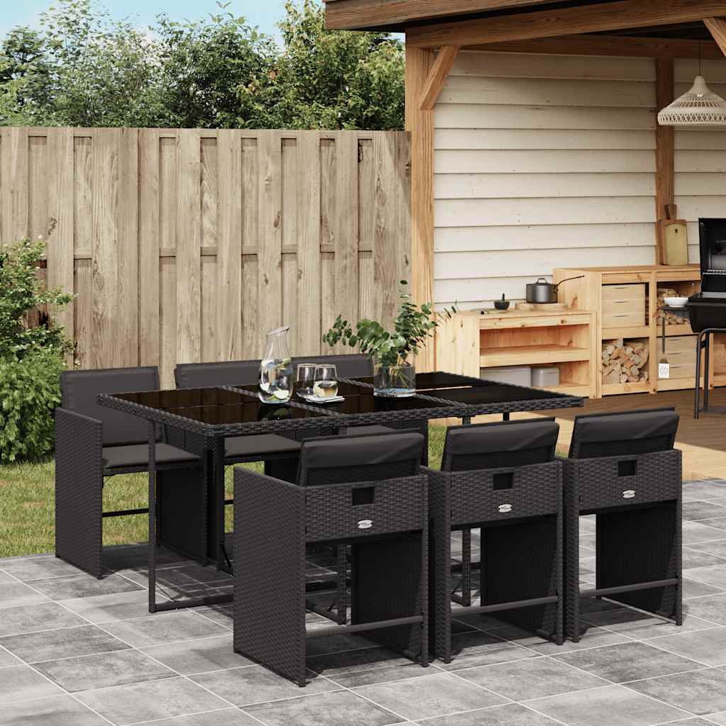 vidaXL 7 Piece Garden Dining Set with Cushions Black Poly Rattan 1