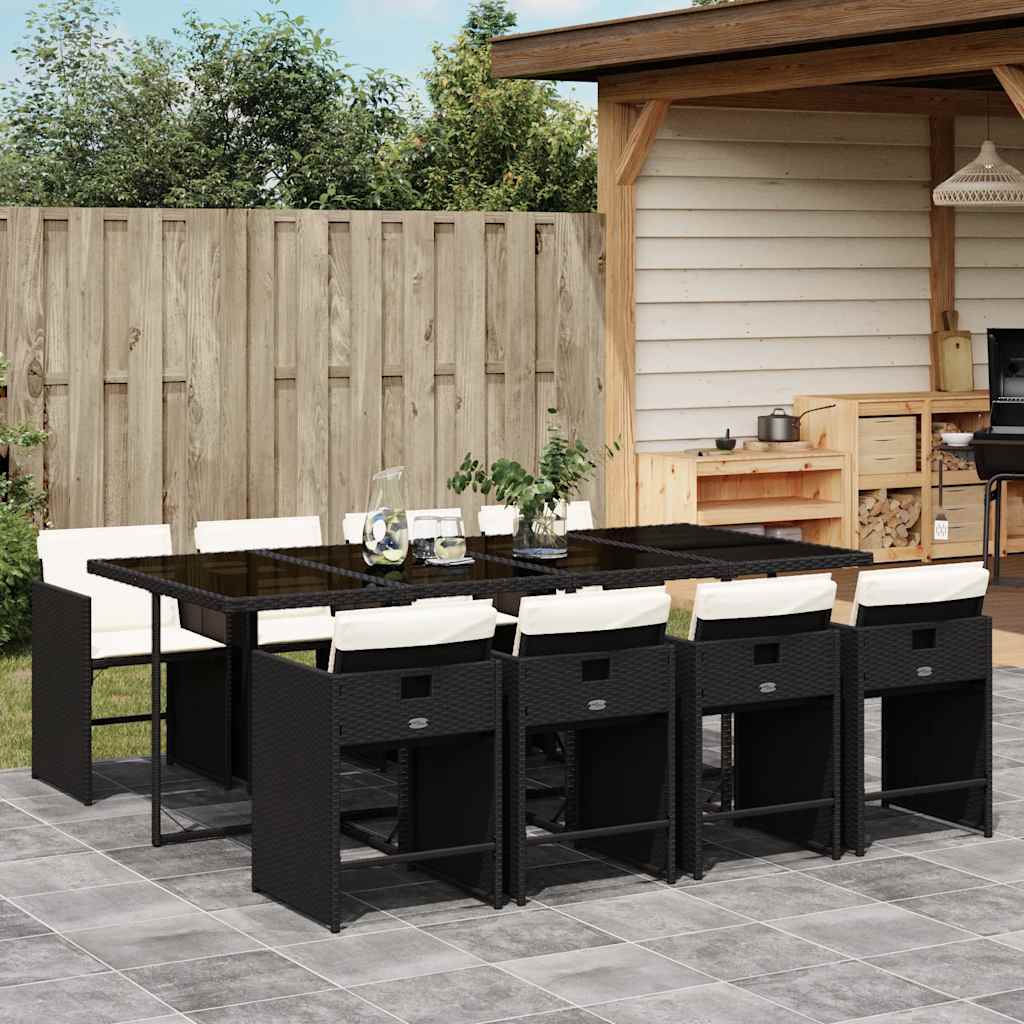 9 Piece Garden Dining Set with Cushions Poly Rattan Glass 8 pcs Black and cream