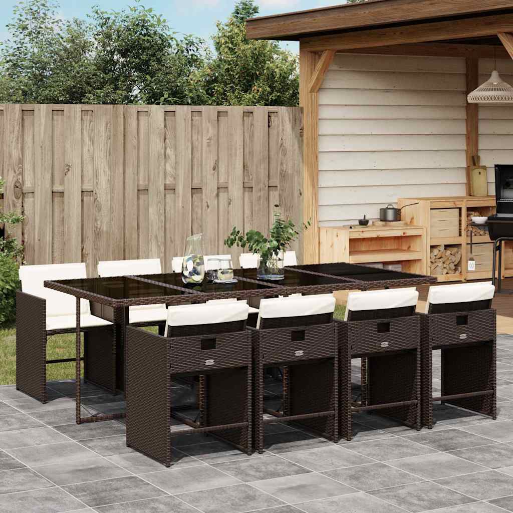 vidaXL 9 Piece Garden Dining Set with Cushions Brown Poly Rattan 1