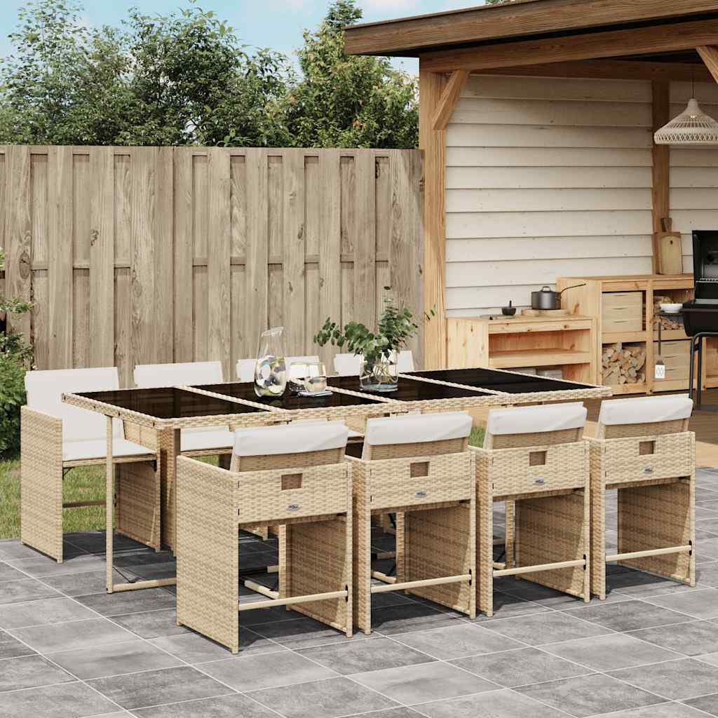 9 Piece Garden Dining Set with Cushions Poly Rattan Glass 8 pcs Beige and cream