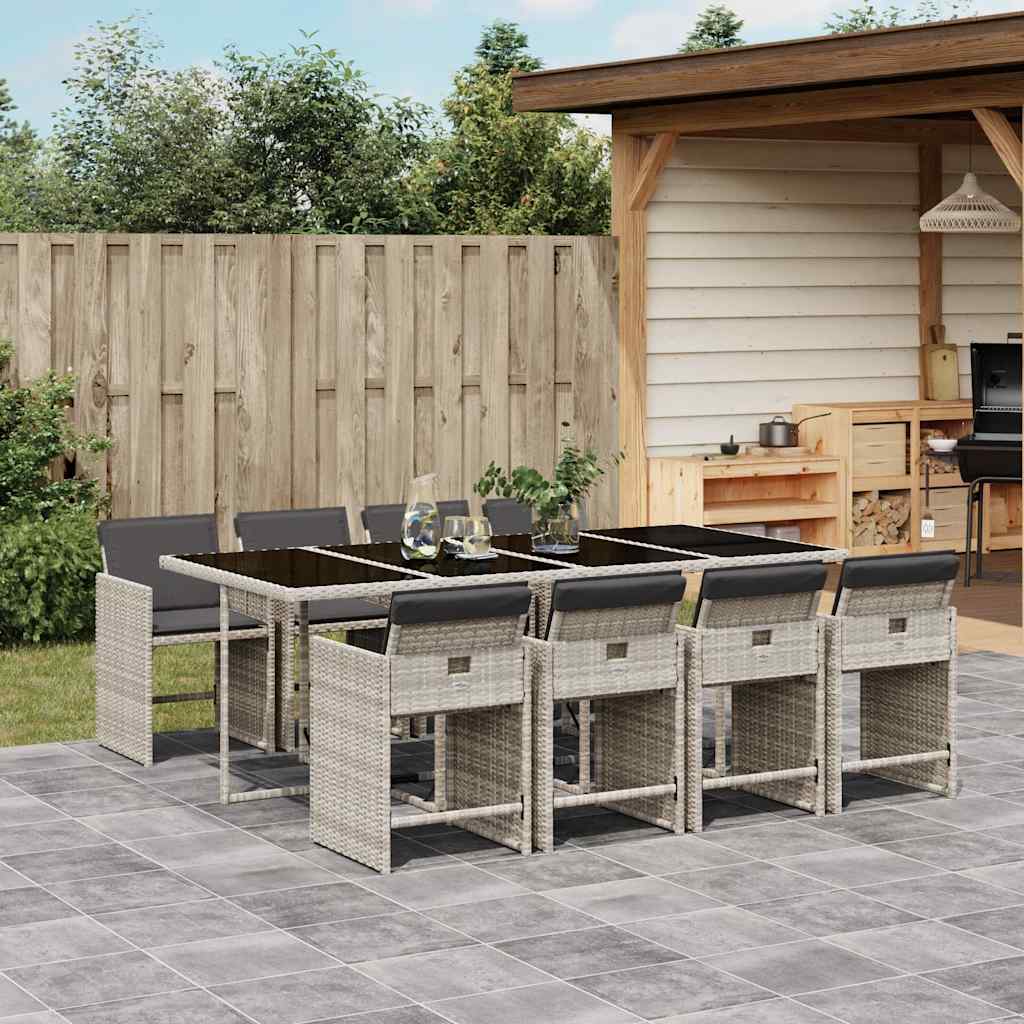 9 Piece Garden Dining Set with Cushions Poly Rattan Glass 8 pcs Light grey
