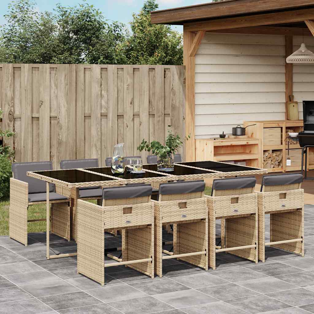 9 Piece Garden Dining Set with Cushions Poly Rattan Glass 8 pcs Mix beige