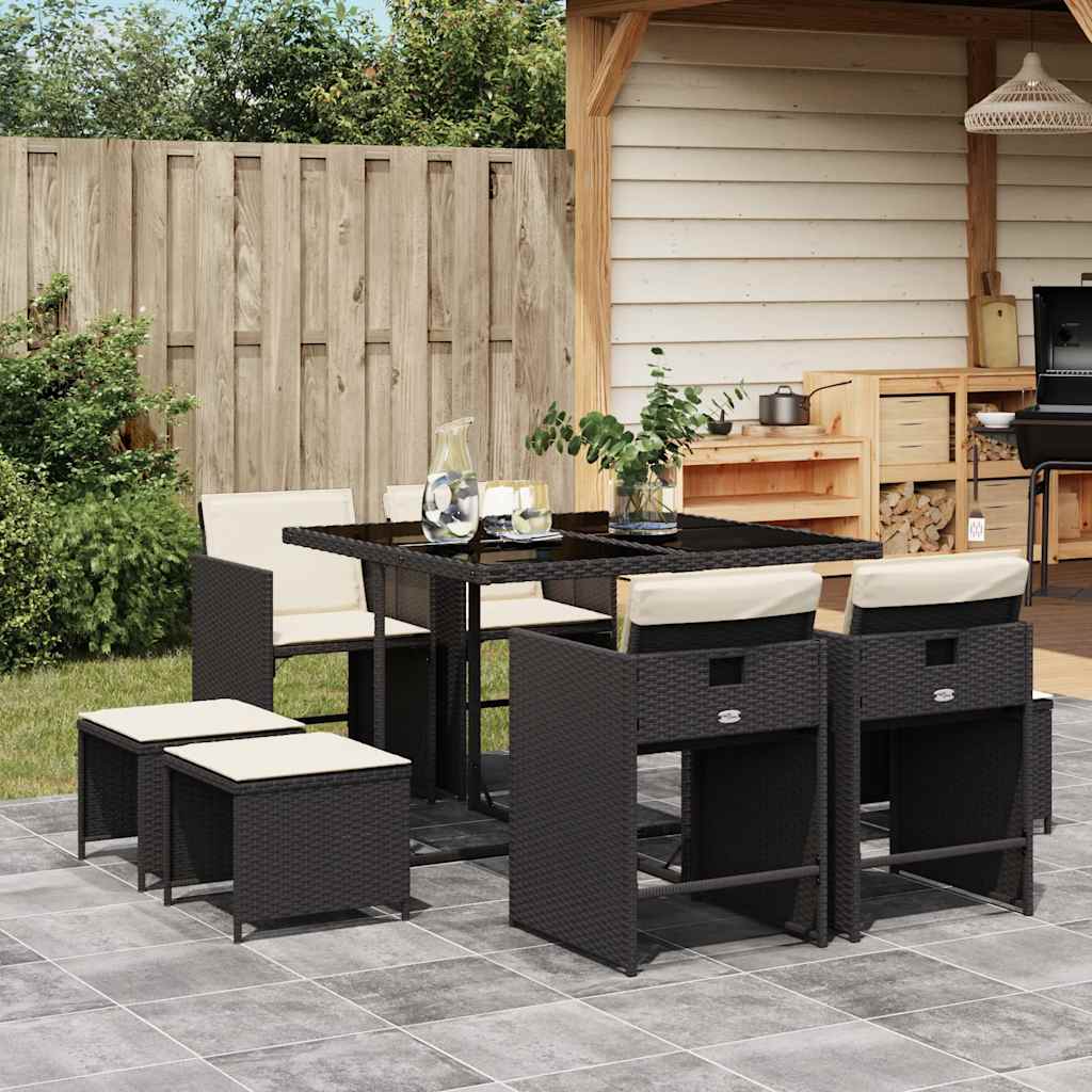 vidaXL 9 Piece Garden Dining Set with Cushions Black Poly Rattan 1