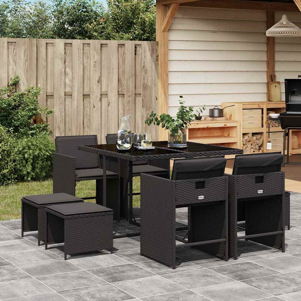 vidaXL 9 Piece Garden Dining Set with Cushions Black Poly Rattan 1