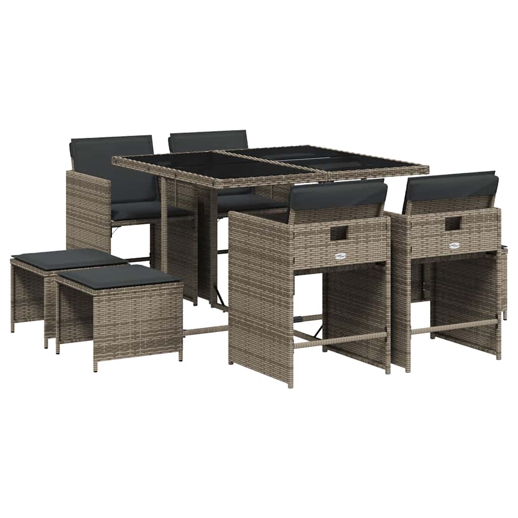 vidaXL 9 Piece Garden Dining Set with Cushions Grey Poly Rattan 2