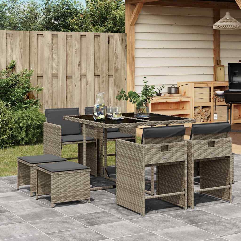 vidaXL 9 Piece Garden Dining Set with Cushions Grey Poly Rattan 1