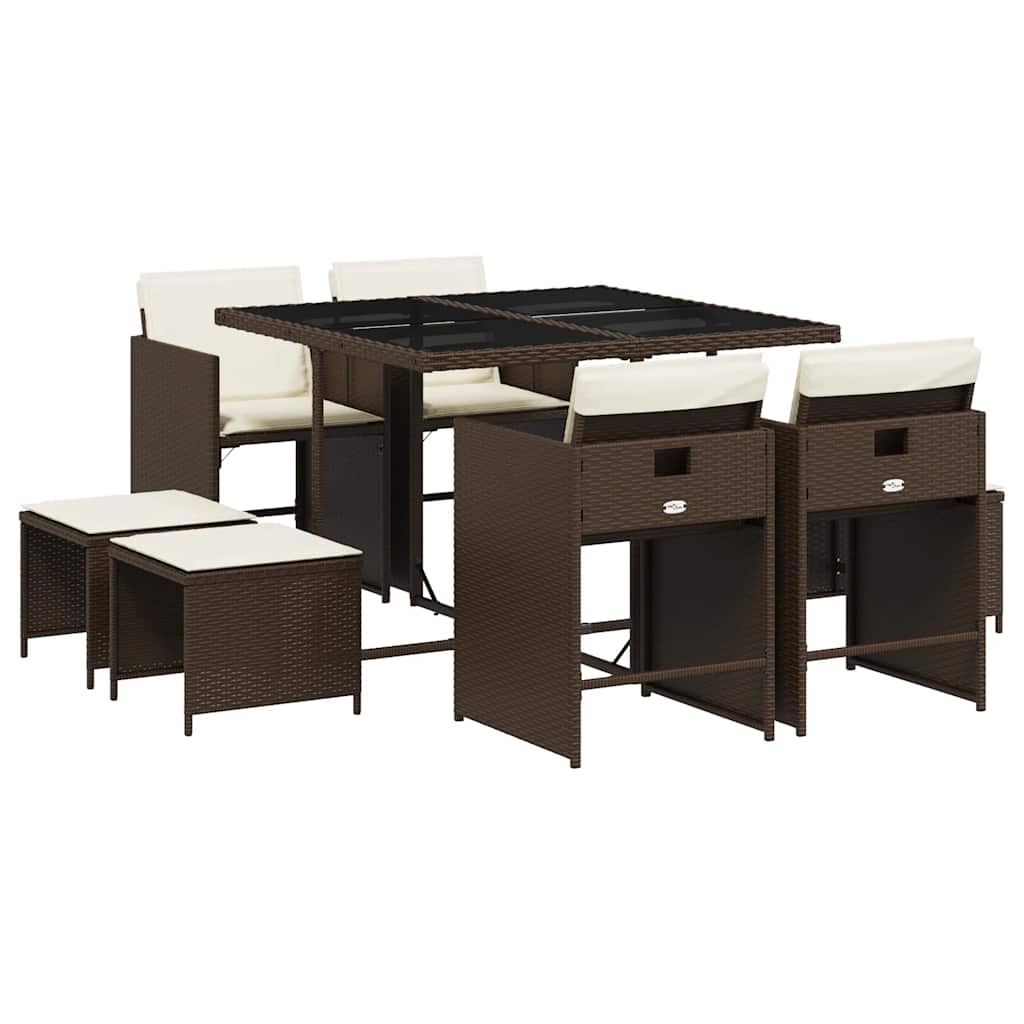9 Piece Garden Dining Set with Cushions Poly Rattan Glass 8 Brown