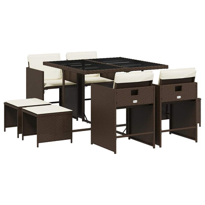 9 Piece Garden Dining Set with Cushions Poly Rattan Glass 8 Brown