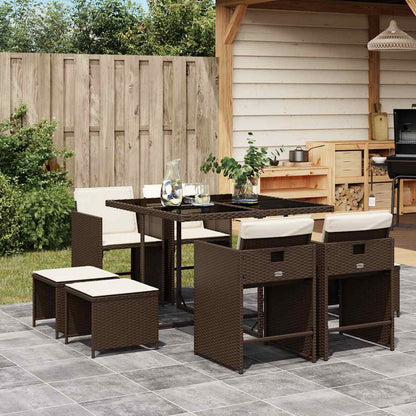 9 Piece Garden Dining Set with Cushions Poly Rattan Glass 8 Brown