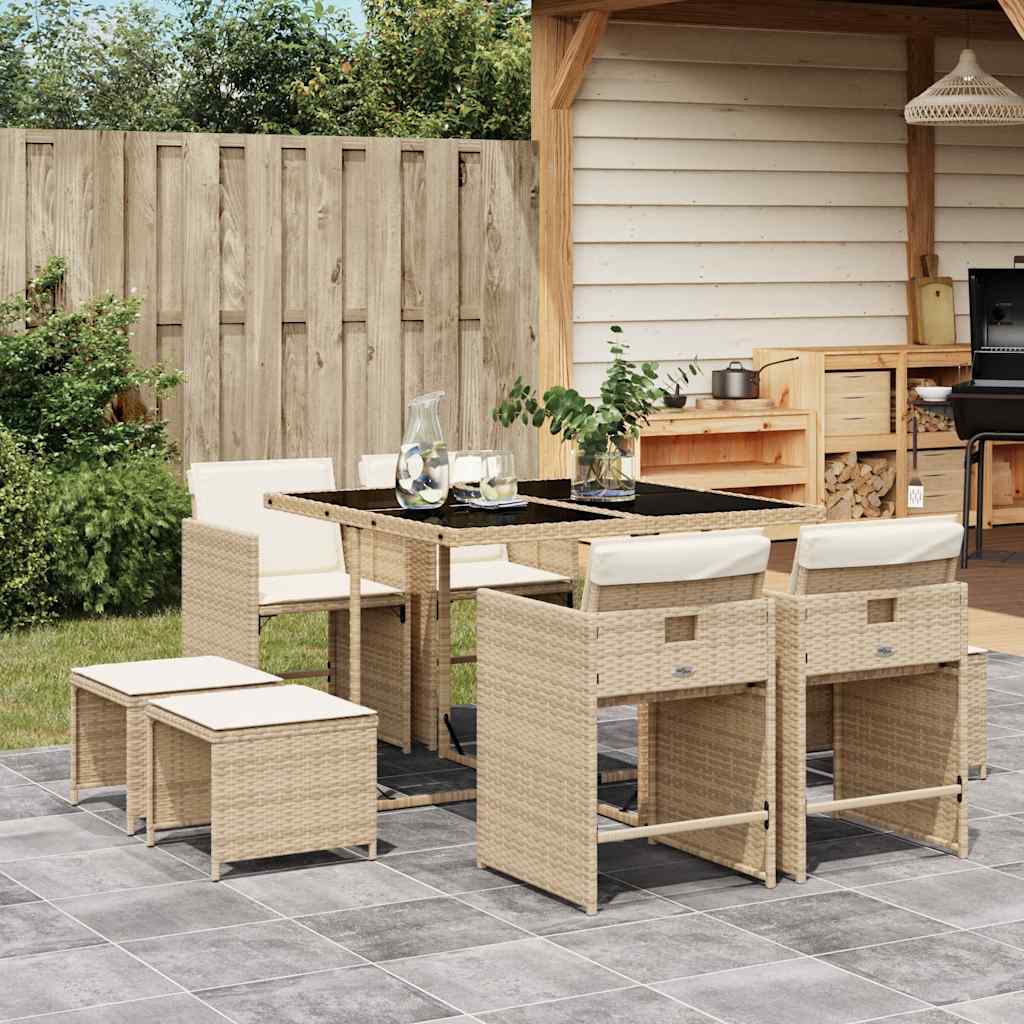 vidaXL 9 Piece Garden Dining Set with Cushions Beige Poly Rattan 1