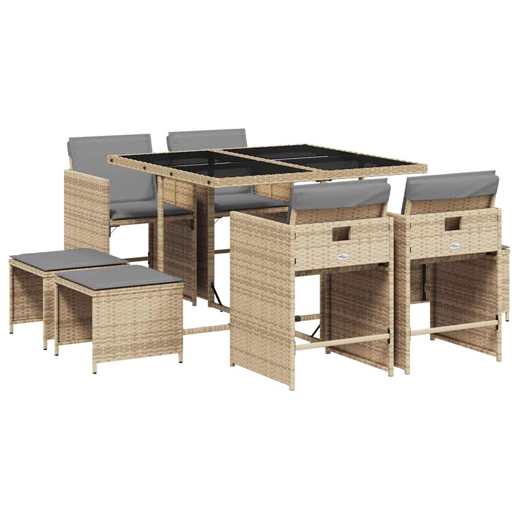 vidaXL 9 Piece Garden Dining Set with Cushions Mix Beige Poly Rattan 2