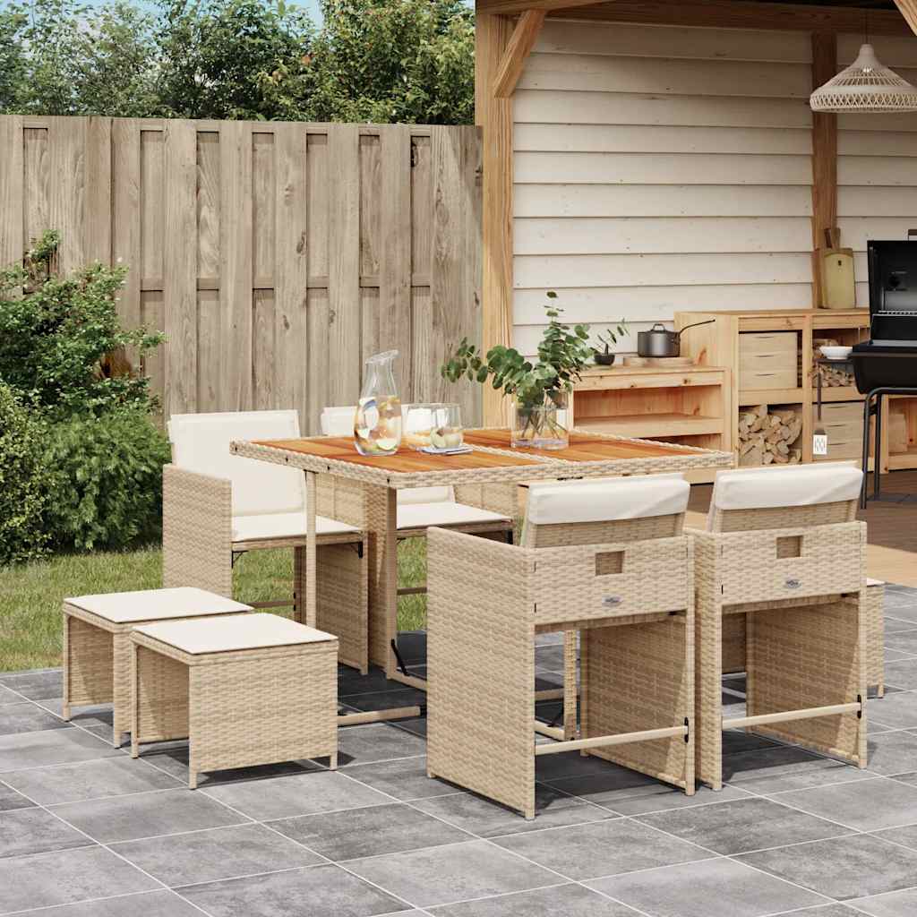 vidaXL 9 Piece Garden Dining Set with Cushions Beige Poly Rattan 1