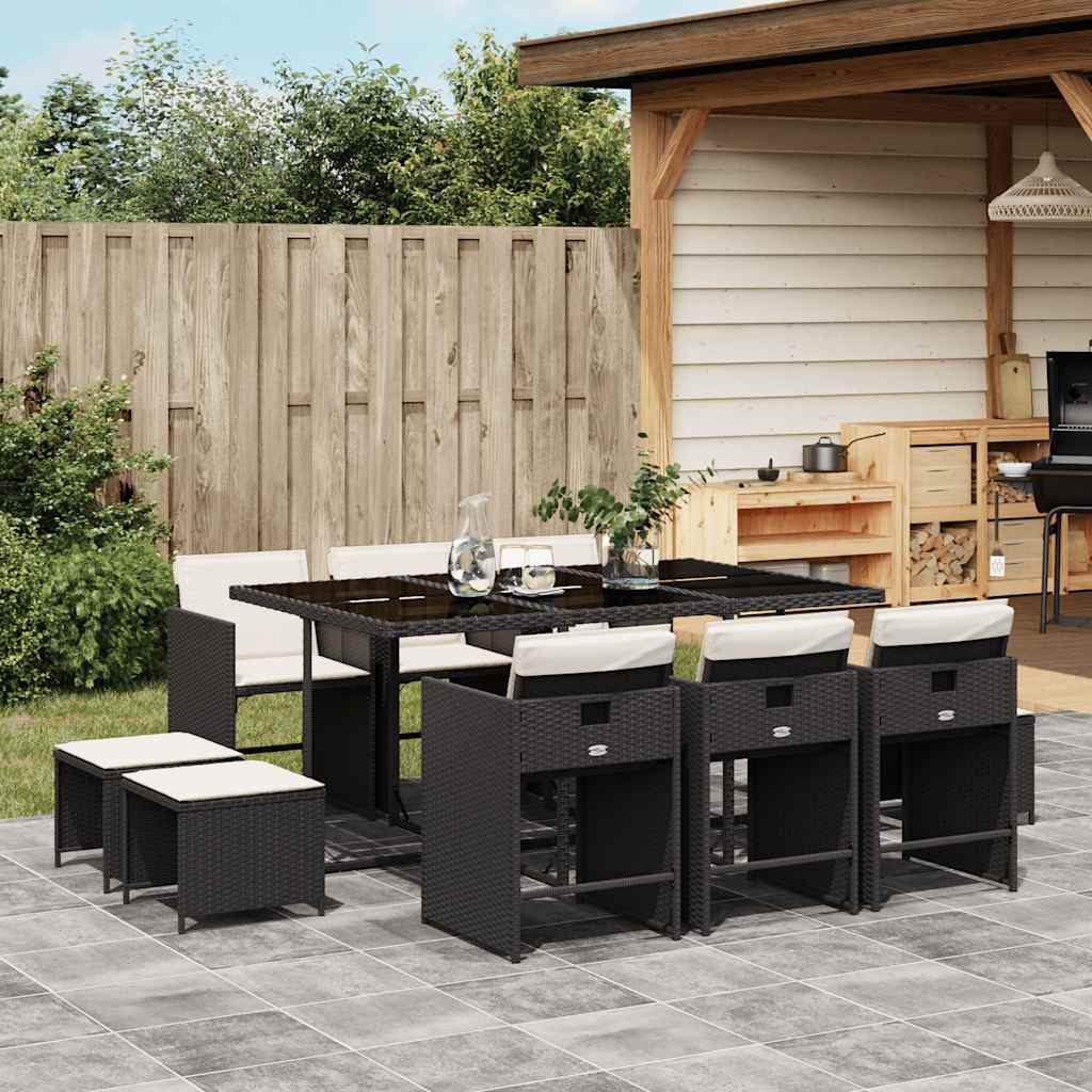 11 Piece Garden Dining Set with Cushions Poly Rattan Glass 10 pcs Black and cream