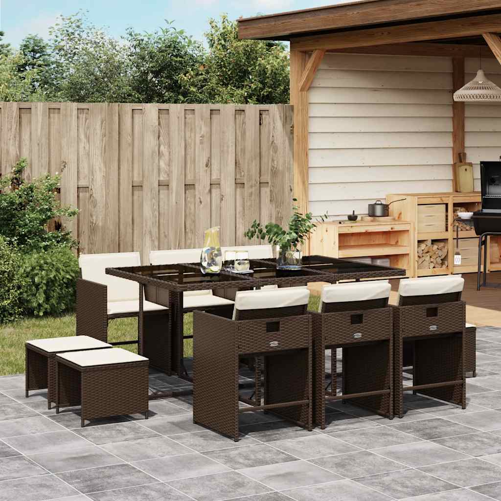 vidaXL 11 Piece Garden Dining Set with Cushions Brown Poly Rattan 1