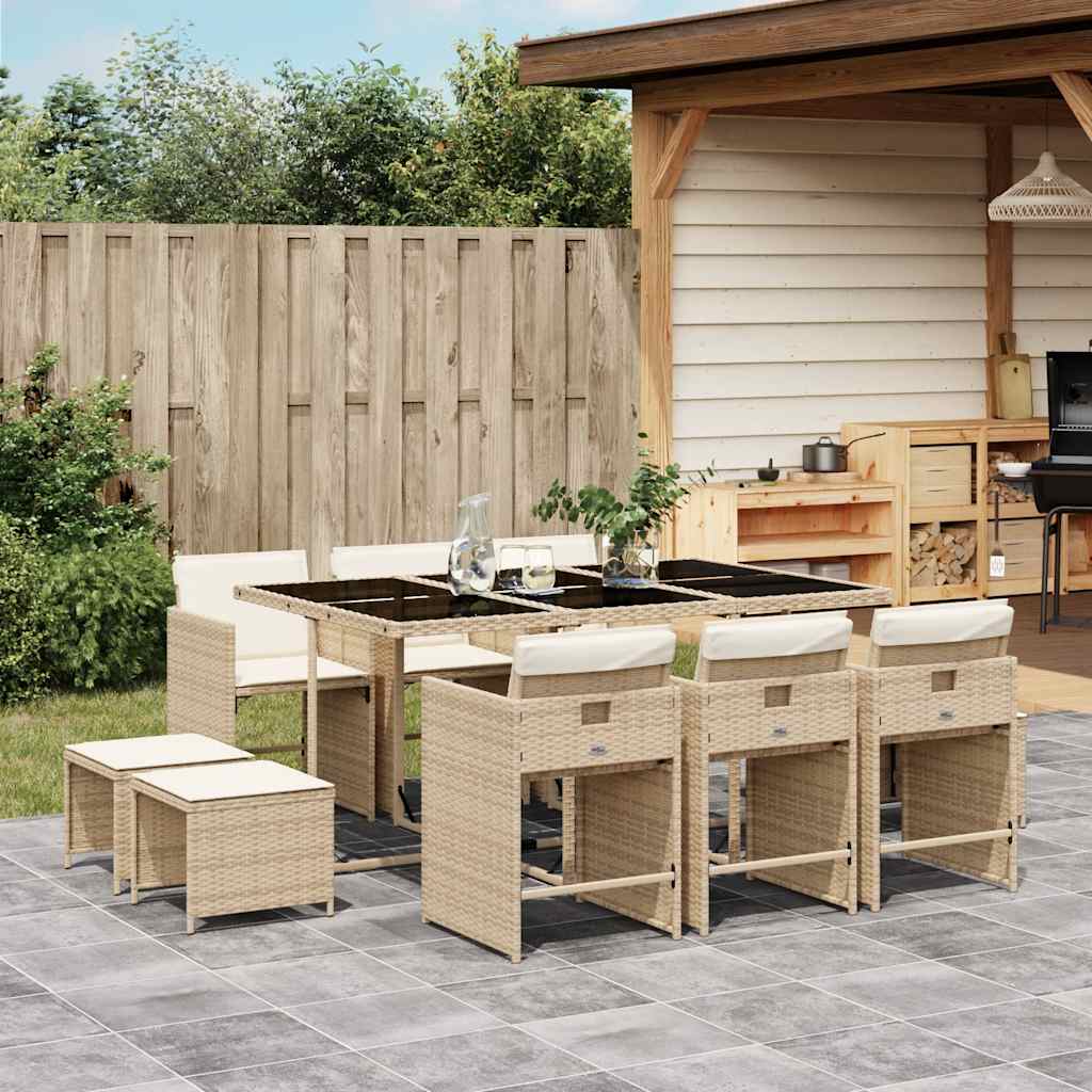 11 Piece Garden Dining Set with Cushions Poly Rattan Glass 10 pcs Beige