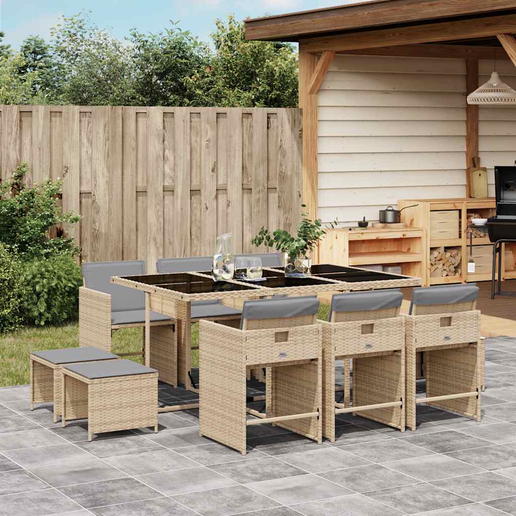 11 Piece Garden Dining Set with Cushions Poly Rattan Glass 10 pcs Mix beige