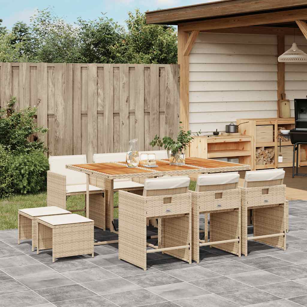 vidaXL 9 Piece Garden Dining Set with Cushions Poly Rattan Wood