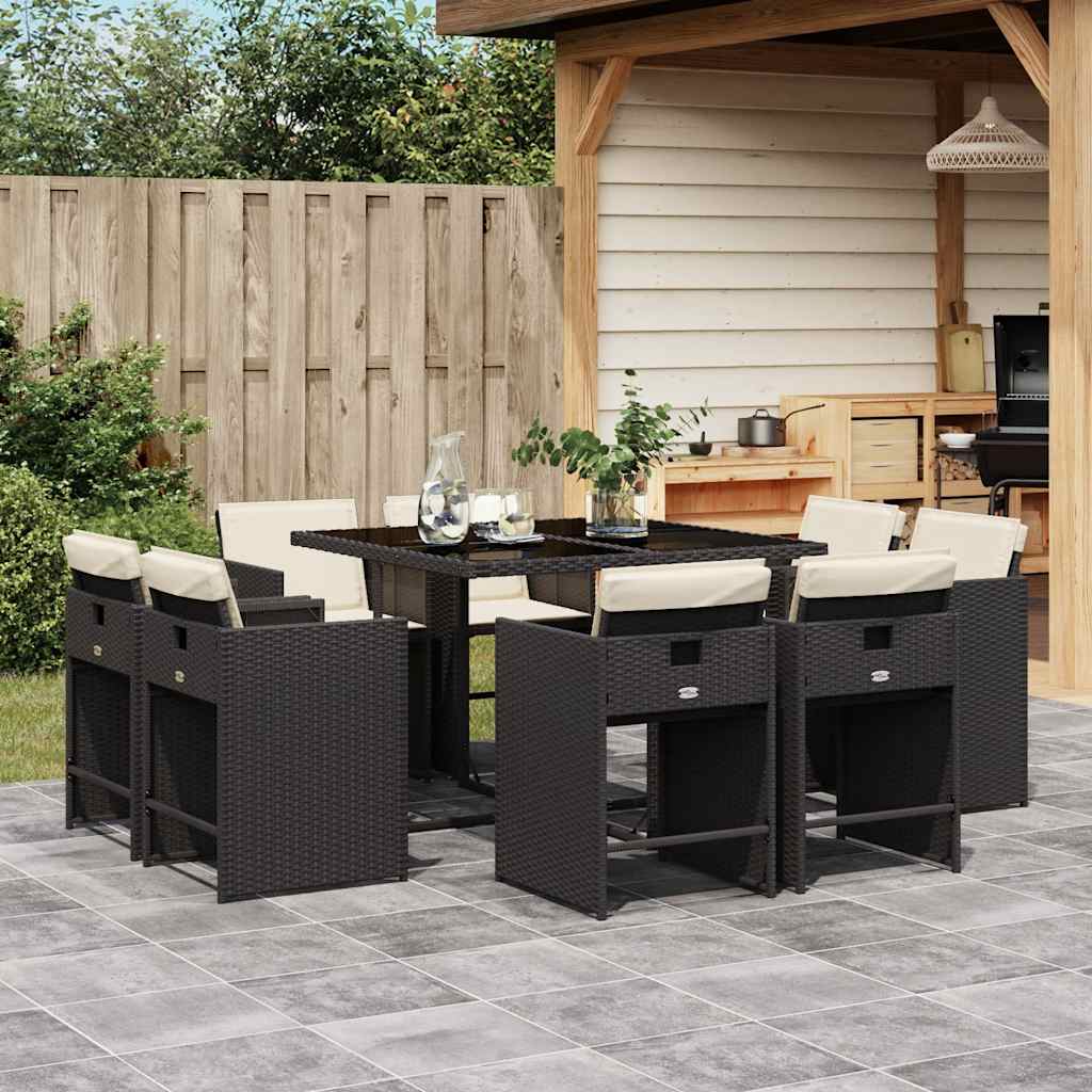 vidaXL 9 Piece Garden Dining Set with Cushions Black Poly Rattan 1