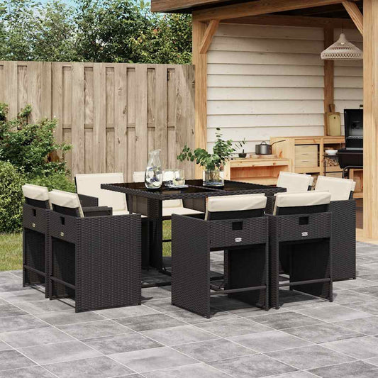 9 Piece Garden Dining Set with Cushions Poly Rattan Glass 8 Black and cream