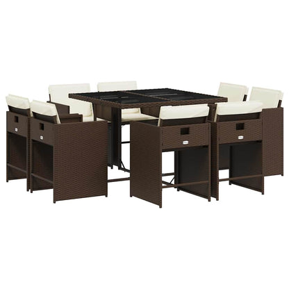 vidaXL 9 Piece Garden Dining Set with Cushions Brown Poly Rattan 2