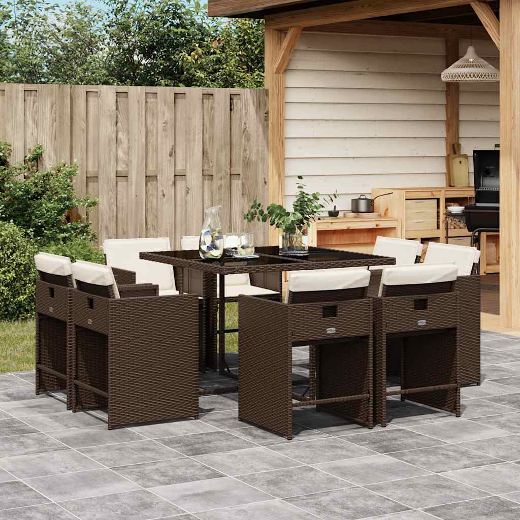 vidaXL 9 Piece Garden Dining Set with Cushions Brown Poly Rattan 1