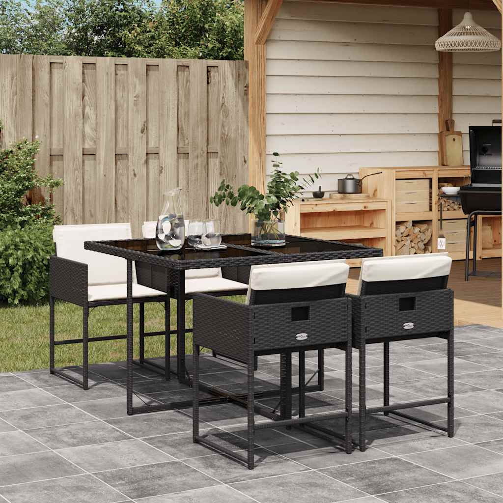 5 Piece Garden Dining Set with Cushions Poly Rattan Glass 4 pcs Black and cream