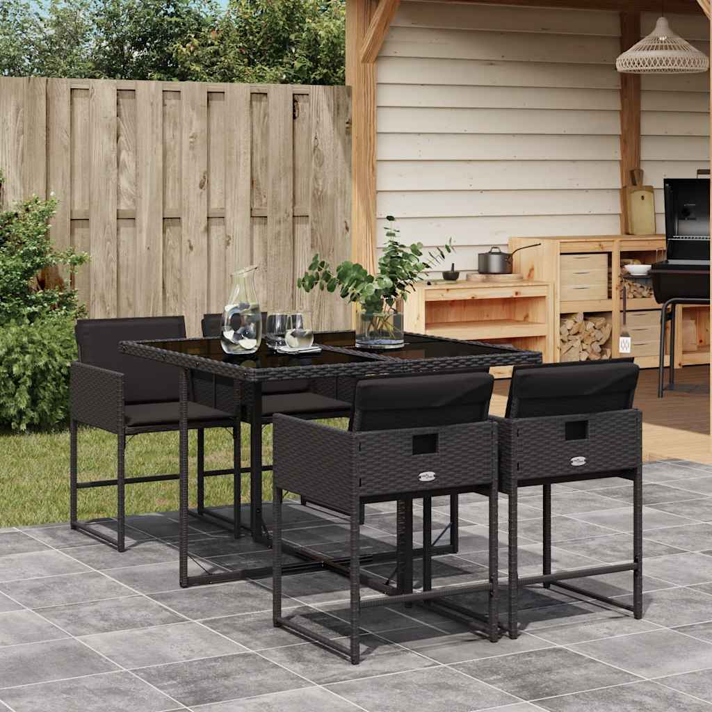 5 Piece Garden Dining Set with Cushions Poly Rattan Glass 4 pcs Black