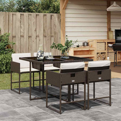 5 Piece Garden Dining Set with Cushions Poly Rattan Glass 4 pcs Brown