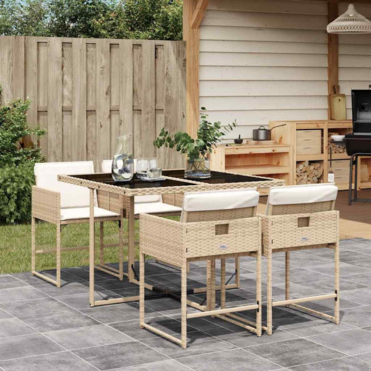 5 Piece Garden Dining Set with Cushions Poly Rattan Glass 4 pcs Beige